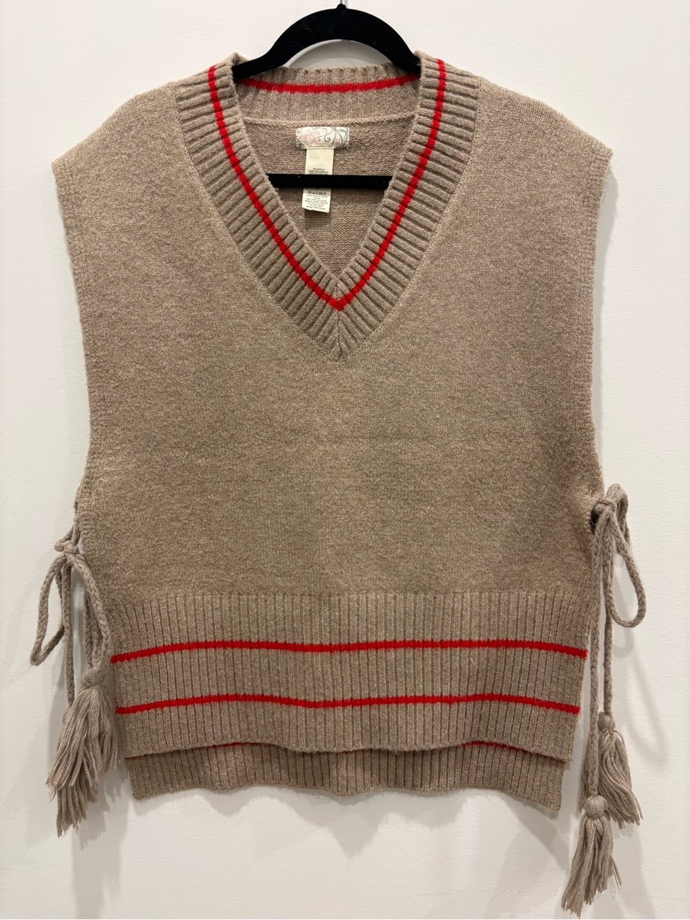 Free People Taupe Knit V-Neck Sweater Vest with Red Trim